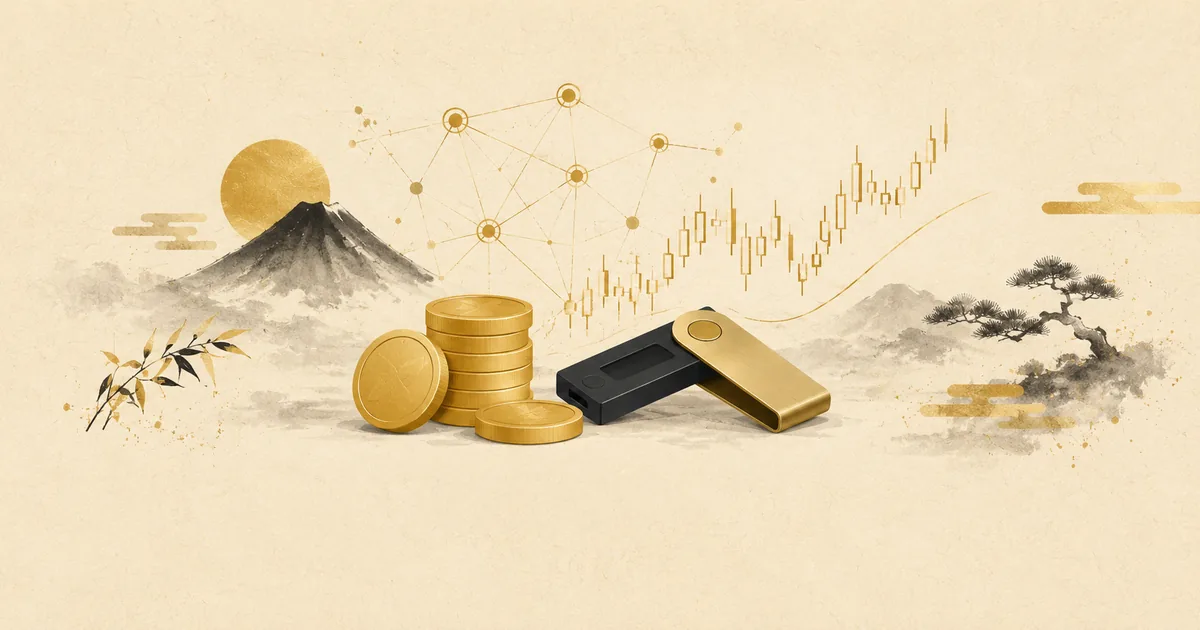 仮想通貨・暗号資産の確定申告ガイド。積み上げた金貨とハードウェアウォレット、ローソク足チャート、墨絵の富士山を描いたイラスト
