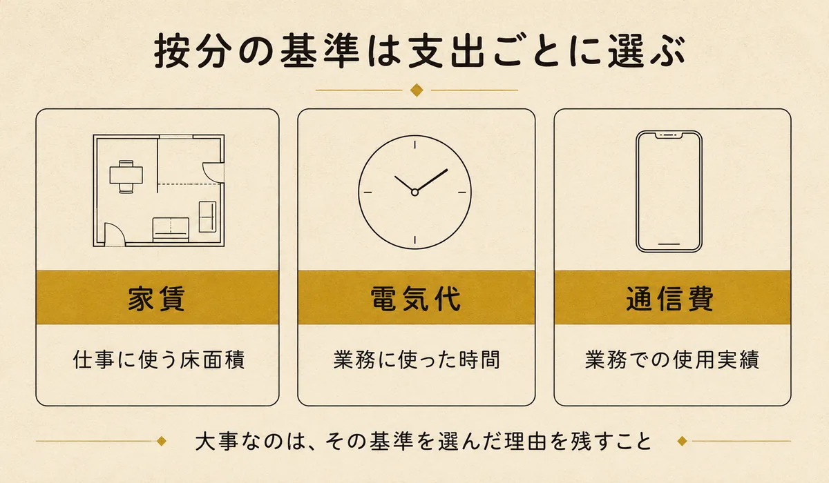 仮想通貨・暗号資産の家事関連費を按分する基準の例。家賃は仕事に使う床面積、電気代は業務に使った時間、通信費は業務での使用実績で按分することを示した3列の図