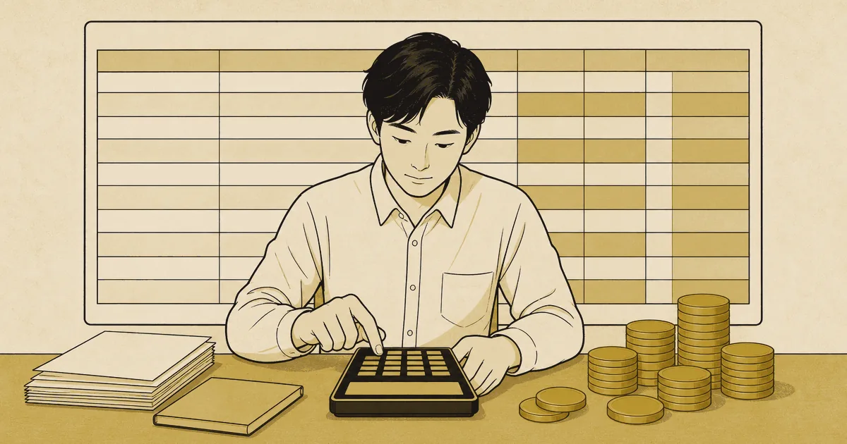 仮想通貨・暗号資産の確定申告 Q&A「仮想通貨・暗号資産の確定申告 そもそも必要？いくらから？」。取引履歴の一覧を画面に開き、年間の損益を電卓で集計している人物のイラスト