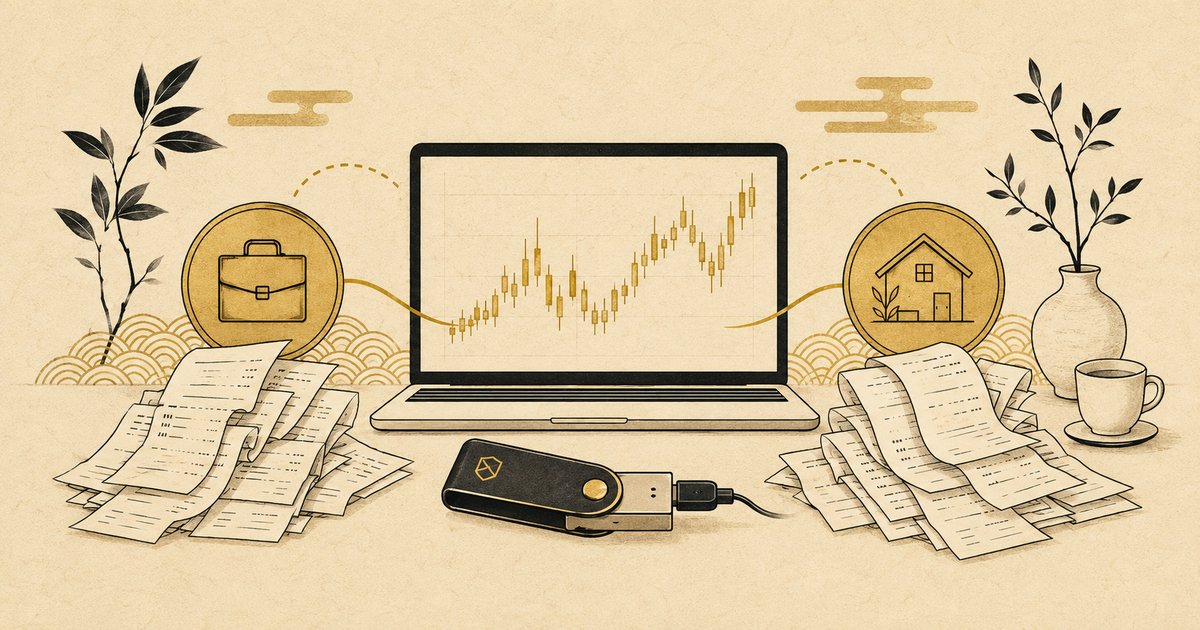 仮想通貨・暗号資産の経費を仕分けるイメージ。金色のローソク足チャートを映すノートパソコン、ハードウェアウォレット、2つの山に分けたレシートのアイキャッチ画像
