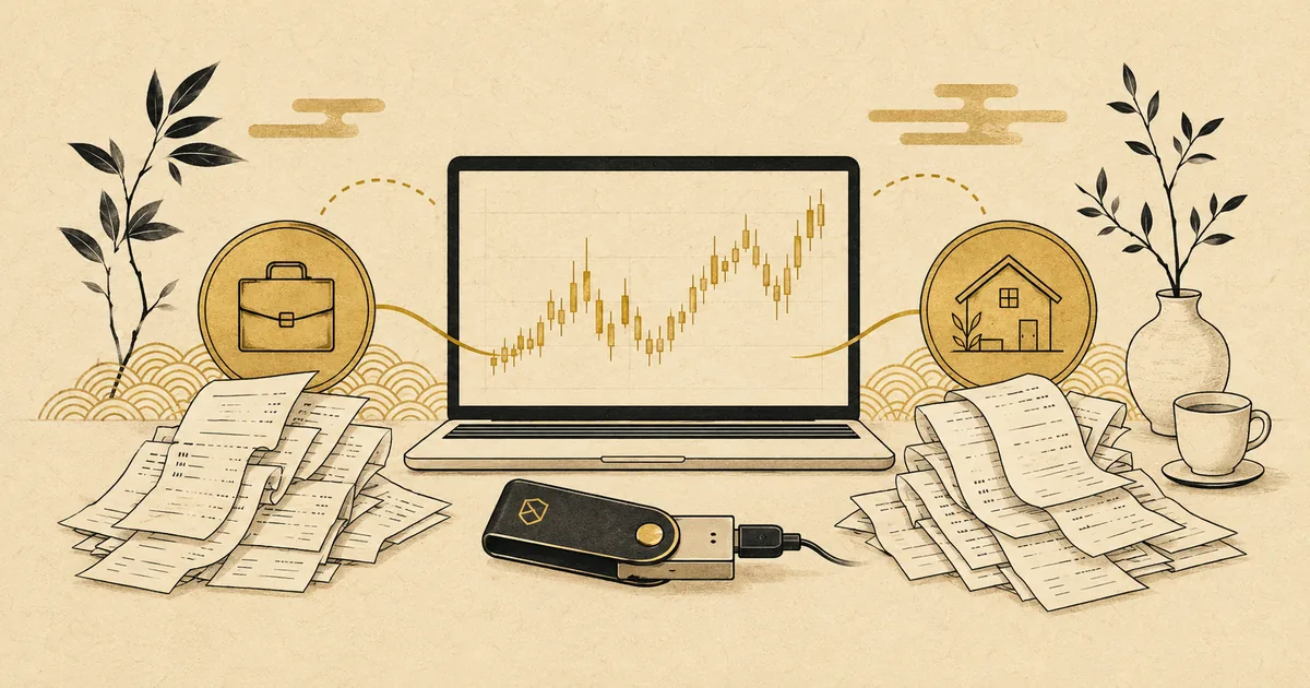 仮想通貨・暗号資産の確定申告 Q&A「仮想通貨・暗号資産の確定申告 経費はどこまで認められる？」。金色のローソク足チャートを映すノートパソコン、ハードウェアウォレット、2つの山に分けたレシートを描いたイラスト